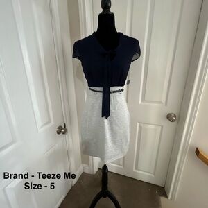 Teeze Me Navy Bow-Tie Blouse with Light Gray Skirt Set